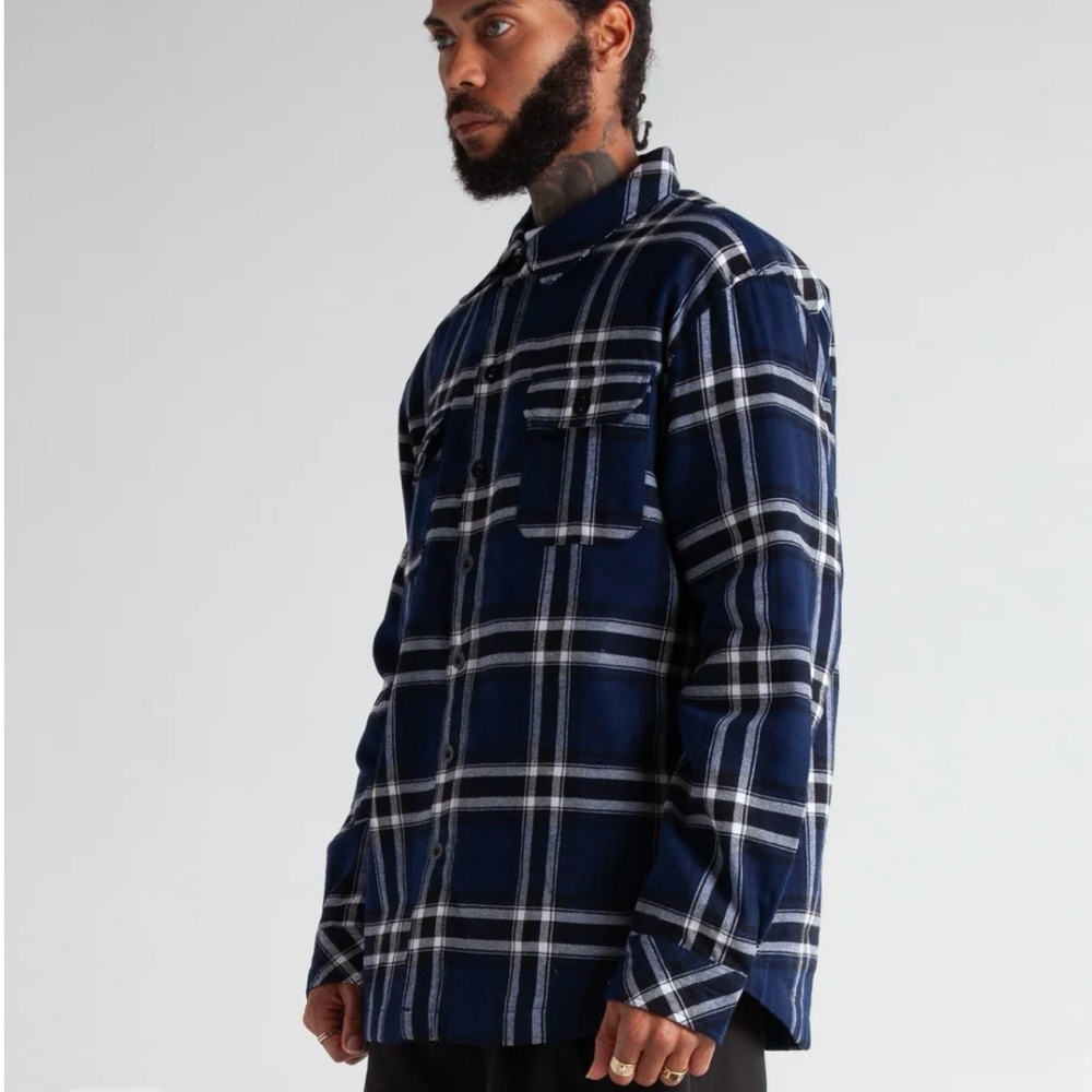 NEW shaka Wear Flannel Jacket 90s Style XL Blue and White Plaid, Quilted Lining